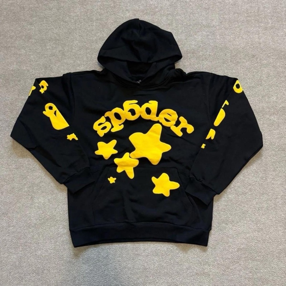 Black Hoodie with Yellow Star and Text Design